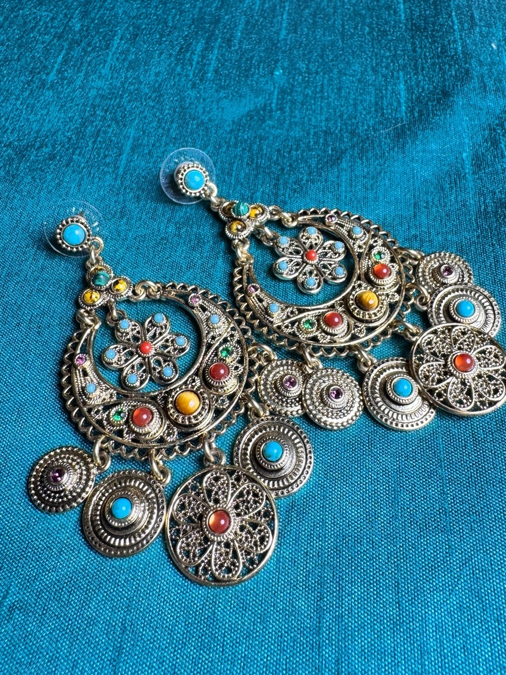 Graziano Boho Chandelier Earrings Multicolor Turquoise Coin Dangle Statement